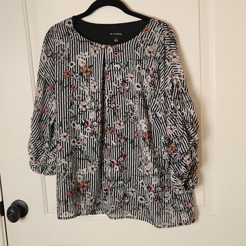 Black & white stripe/floral chiffon blouse
